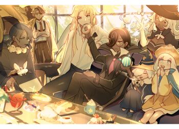 2girls 5boys almond_cookie black_capelet black_robe blue_cape brown_dress brown_hat cape capelet colored_skin commentary_request cookie_run cookie_run:_kingdom cream_puff_cookie cup dark-skinned_female dark-skinned_male dark_skin donut dress espresso_cookie food food-themed_hat gloves grey_skin hat highres holding holding_cup humanization jewelry latte_cookie licorice_cookie madeleine_cookie multiple_boys multiple_girls mystical_high_collar necklace one_eye_closed robe round_eyewear sitting skull_necklace suikaels white_gloves white_hair wizard