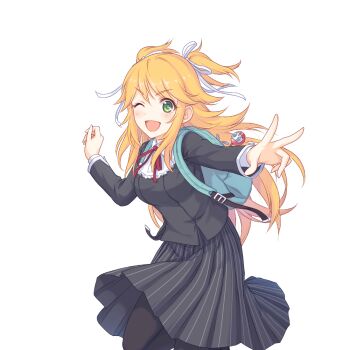 Rule 34 | 1girl, :d, backpack, bag, black pantyhose, black shirt, black skirt, blonde hair, breasts, collared shirt, cowboy shot, dutch angle, floating clothes, floating hair, gradient background, green eyes, hair ribbon, hand up, holding strap, long hair, long sleeves, looking at viewer, medium breasts, neck ribbon, ninon (princess connect!), ninon (real) (princess connect!), official art, one eye closed, open mouth, ourindou private high school uniform, pantyhose, princess connect!, red ribbon, ribbon, school uniform, shirt, sidelocks, skirt, smile, solo, standing, standing on one leg, striped clothes, striped skirt, tachi-e, transparent background, two side up, white ribbon, white shirt