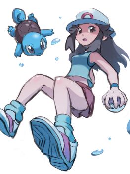 1girl braindead_(html6) brown_eyes brown_hair commentary_request eyelashes gen_1_pokemon hat highres holding holding_poke_ball leaf_(pokemon) long_hair nintendo open_mouth poke_ball poke_ball_(basic) pokemon pokemon_(creature) pokemon_frlg red_skirt shirt shoes sidelocks skirt sleeveless sleeveless_shirt socks squirtle tongue water_drop white_background wristband