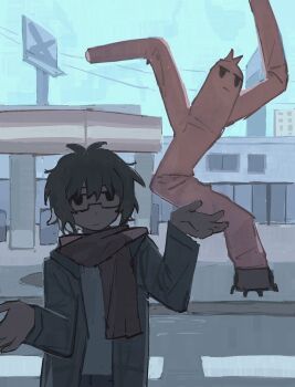 1boy building closed_mouth commentary cyberseaurchin english_commentary expressionless gas_station glasses grey_hair grey_jacket highres jacket jitome male_focus open_clothes open_jacket original outdoors scarf shrugging solo tube_man