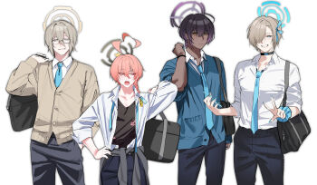 Rule 34 | 4boys, absurdres, ahoge, akane (blue archive), akane (school uniform) (blue archive), arm up, asuna (blue archive), asuna (school uniform) (blue archive), asymmetrical hair, averting eyes, bag, black-framed eyewear, black bag, black choker, black hair, black halo, black nails, black outline, black pants, black shirt, blue archive, blue cardigan, blue eyes, blue halo, blue nails, blue necktie, blue ribbon, blue scrunchie, braid, brown cardigan, brown eyes, brown hair, brown halo, buttons, cardigan, chai 09, chest height, choker, cleaning &amp; clearing (blue archive), closed mouth, clothes around waist, collared shirt, commentary, cowboy shot, dark-skinned male, dark skin, delinquent, double-parted bangs, dress pants, earrings, expressionless, fang, fingernails, floral print shirt, genderswap, genderswap (ftm), glasses, gradient hair, grey hair, grin, gyaruo, hair between eyes, hair ornament, hair over one eye, hair ribbon, hair scrunchie, half-closed eyes, halo, halo behind head, hand in pocket, hand on own hip, hand up, heart, heart ahoge, height difference, highres, holding, holding bag, huge ahoge, jewelry, karin (blue archive), karin (school uniform) (blue archive), light smile, long bangs, long hair between eyes, long sleeves, looking ahead, looking at viewer, looking to the side, male focus, medium hair, millennium science school logo, multicolored hair, multiple boys, nail polish, narrowed eyes, neck ribbon, necktie, neru (blue archive), neru (school uniform) (blue archive), no pupils, one eye covered, open clothes, open collar, open mouth, open shirt, orange eyes, orange hair, outline, pants, pocket, print shirt, purple hair, purple halo, raised eyebrows, ribbon, school bag, school uniform, scrunchie, shirt, shirt tucked in, shirt under shirt, short braid, short eyebrows, short hair, shoulder bag, side-by-side, side braid, simple background, single braid, sleeve cuffs, smile, standing, stud earrings, three-quarter sleeves, tsurime, two-tone hair, undershirt, undone neck ribbon, very short hair, w, white background, white shirt, wing collar, winter uniform, wrist scrunchie, wristband, yellow eyes, zipper pull tab