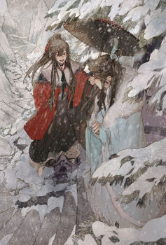 2boys absurdres ahoge black_eyes black_hair black_hanfu black_umbrella blue_cloak brown_hair chinese_clothes cloak closed_eyes commission couple fur-trimmed_cloak fur_trim hair_ribbon hanfu highres holding holding_umbrella lan_wangji long_hair long_sleeves looking_at_another male_focus modao_zushi mountain multiple_boys oil-paper_umbrella open_mouth outdoors phsm ponytail red_cloak red_ribbon red_sash ribbon robe sash second-party_source shared_umbrella sidelocks smile snow snowing stairs standing topknot tree umbrella wei_wuxian white_hanfu wide_sleeves winter winter_clothes xiao_guan_(headdress) yaoi yellow_eyes