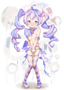 1girl ahoge between_legs blue_archive blush crying crying_with_eyes_open drill_hair fang flat_chest full_body gloves hair_ornament halo hand_between_legs have_to_pee highres knees_together_feet_apart loli long_hair moemaru multicolored_hair navel nipples open_mouth panties pee peeing peeing_self pigeon-toed pink_hair pink_halo puddle puffy_short_sleeves puffy_sleeves purple_eyes purple_hair purple_thighhighs reisa_(blue_archive) reisa_(magical)_(blue_archive) short_sleeves single_bare_shoulder skin_fang solo standing star_(symbol) star_hair_ornament star_halo striped_clothes striped_thighhighs tears thighhighs torn_clothes torn_thighhighs twin_drills twintails two-tone_hair underwear white_gloves wing_hair_ornament yellow_panties