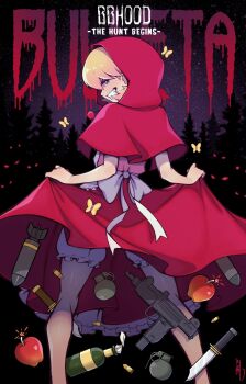 Rule 34 | 1girl, ammunition, apple, apron, b.b. hood, back bow, blonde hair, bloomers, blue eyes, bomb, bottle, bow, bug, bullet, butterfly, candy, capelet, clothes lift, commentary, copyright name, darkstalkers, dress, dress lift, english commentary, english text, evil grin, evil smile, explosive, fake food, feet out of frame, food, frilled apron, frills, from behind, fruit, grenade, grin, gun, highres, holding own skirt, hood, hood up, hooded capelet, insect, its just suppi, knife, lifting own clothes, lollipop, looking at viewer, looking back, missile, molotov cocktail, mouth hold, multiple weapons, night, red capelet, red dress, red hood, sharp teeth, shell casing, short hair, skirt, skirt basket, skirt lift, sky, smile, solo, standing, star (sky), starry sky, submachine gun, teeth, too many weapons, tree, underwear, uzi, weapon, white apron, white bloomers, white bow, wine bottle