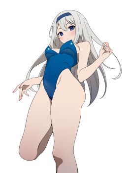 1girl absurdres blue_eyes blue_hairband blue_leotard breasts coro_fae hairband highleg highleg_leotard highres kaguya-sama_wa_kokurasetai_~tensai-tachi_no_renai_zunousen~ leg_lift leotard long_hair shirogane_kei simple_background small_breasts solo standing standing_on_one_leg strapless strapless_leotard white_background