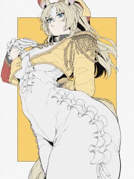 Rule 34 | 1girl, animal ears, blonde hair, blue eyes, blush, bodysuit, breasts, closed mouth, durandal (chevalier fidele) (umamusume), durandal (umamusume), epaulettes, french commentary, gloves, grey background, highres, horse ears, horse girl, horse tail, large breasts, multicolored hair, orange background, solo, streaked hair, tail, two-tone background, umamusume, white bodysuit, white gloves, white hair, yukige subaru