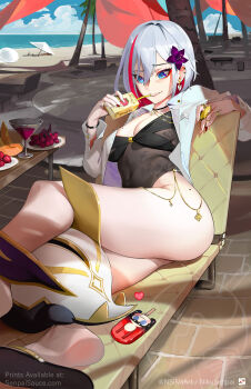 1girl beach beach_chair blue_eyes blue_sky breasts cloud cocktail_glass creature cup day drink_carton drinking_glass earrings feet flower food fruit hair_flower hair_ornament highres honkai:_star_rail honkai_(series) jacket jewelry juice_box medium_breasts multicolored_hair nikusenpai numby_(honkai:_star_rail) ocean outdoors palm_tree popsicle red_hair ring sand sitting sky soles solo streaked_hair thick_thighs thighs topaz_(honkai:_star_rail) tree trotter_(honkai:_star_rail) two-tone_hair white_hair white_jacket