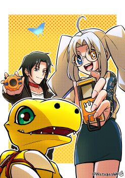 Rule 34 | 1boy, 1girl, absurdres, agumon (digimon savers), ahoge, black hair, black jacket, black skirt, bug, butterfly, cowboy shot, digimon, digimon (creature), digimon recollection, digivice, digivice ic, dinosaur, group picture, halftone, heterochromia, highres, holding, insect, jacket, long hair, nozomi mayu, nozomi riko, orange background, shirt, short hair, simple background, skirt, twintails, watagashikn, white hair, white jacket, white shirt