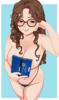 1girl artist_self-insert bare_shoulders blue_background blush boobs_in_book_(meme) breasts brown_eyes brown_hair cleavage e11e el_(e11e) glasses handheld_game_console highres holding holding_handheld_game_console large_breasts long_hair looking_at_viewer meme navel nintendo_3ds original panties parody red-framed_eyewear simple_background smile solo thighs topless_female underwear
