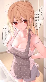 1girl ahoge apron armpits bare_shoulders blonde_hair blonde_hair-chan_(ramchi) blush breasts brown_apron cleavage collarbone fang highres large_breasts long_hair looking_at_viewer motion_lines notice_lines original parted_lips polka_dot polka_dot_apron ponytail ramchi red_eyes sidelocks signature solo speech_bubble standing straight_hair strap_slip sweatdrop underwear