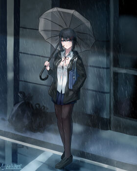 absurdres door garbage highres looking_at_viewer original pantyhose rain shoes solo tomboy umbrella