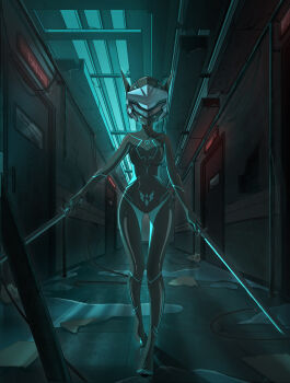 1girl absurdres black_bodysuit bodysuit cluebox covered_collarbone door dual_wielding hallway helmet highres holding holding_sword holding_weapon latex latex_bodysuit mask original puddle reflection shiny_clothes skin_tight solo straight-on sword variant_set walking weapon