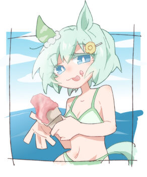 Rule 34 | 1girl, animal ears, bare arms, bare shoulders, beer hsk, bikini, blue eyes, blue sky, breasts, cleavage, cloud, commentary request, day, flower, food, food on face, green hair, hair between eyes, hair flower, hair ornament, hairclip, holding, holding food, horse ears, horse girl, horse tail, ice cream, ice cream cone, ice cream on face, licking lips, looking at viewer, medium breasts, ocean, seiun sky (umamusume), sky, solo, swimsuit, tail, tongue, tongue out, umamusume, water, white bikini, yellow flower
