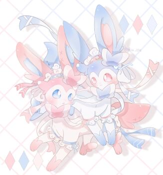 alternate_color blue_eyes blush closed_mouth commentary_request diamond_(shape) frills gen_6_pokemon highres nintendo no_humans open_mouth pink_eyes pokemon pokemon_(creature) pokemon_focus shiny_and_normal shiny_pokemon shiu_224 smile sylveon twitter_username