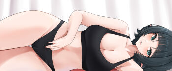 Rule 34 | 1girl, absurdres, animal ears, black bra, black hair, black panties, bra, breasts, cleavage, commentary, commission, english commentary, green eyes, highres, jane doe (zenless zone zero), large breasts, long hair, looking at viewer, lying, midriff, mouse ears, mouse girl, multicolored hair, navel, on side, panties, parted lips, pynkmouth, red hair, solo, two-tone hair, underwear, underwear only, very long hair, zenless zone zero