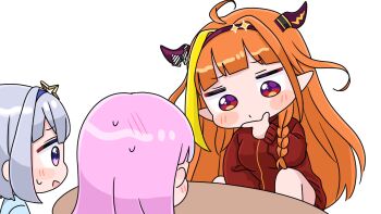 3girls :d ahoge amane_kanata blonde_hair blue_hair blue_shirt blush_stickers braid chibi closed_mouth dragon_horns grey_hair hairband halo highres hololive horns jacket kiryu_coco kiryu_coco_(loungewear) long_hair long_sleeves minato_aqua mochimiko multicolored_hair multiple_girls open_mouth orange_hair pink_hair puffy_long_sleeves puffy_sleeves purple_eyes purple_hairband red_eyes red_jacket shirt simple_background single_hair_intake smile streaked_hair table track_jacket very_long_hair virtual_youtuber white_background