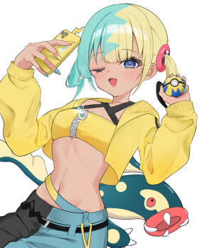 1girl ;d bandeau belt black_belt blue_eyes canari_(pokemon) commentary eelektross eyelashes gen_4_pokemon gen_5_pokemon hands_up happy holding holding_phone holding_poke_ball jacket midriff multicolored_hair multicolored_nails nail_polish navel nintendo one_eye_closed open_clothes open_jacket open_mouth pants phone poke_ball pokemon pokemon_(creature) pokemon_legends:_z-a quick_ball rotom rotom_phone simple_background smile tataki_maguro twintails white_background yellow_bandeau yellow_jacket zipper zipper_pull_tab