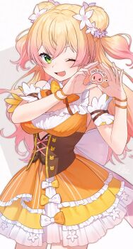 1girl ;d blonde_hair blush bow bowtie breasts brown_bow brown_bowtie clothing_cutout commentary_request corset cowboy_shot crossed_bangs cutout_above_navel double_bun dress fang flower frilled_shirt frills gradient_hair green_eyes hair_bun hair_flower hair_ornament heart heart_hands highres hololive long_hair looking_at_viewer medium_breasts momosuzu_nene momosuzu_nene_(1st_costume) multicolored_bow multicolored_bowtie multicolored_hair one_eye_closed open_mouth orange_bow orange_bowtie orange_shirt pink_hair shirt sidelocks signature sleeveless sleeveless_shirt smile solo two_side_up uhuhu underbust virtual_youtuber yellow_bow yellow_bowtie