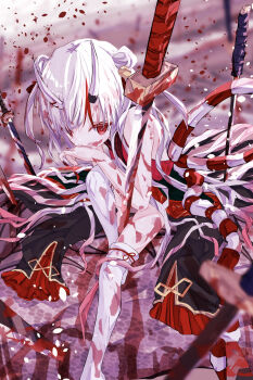 Rule 34 | 1girl, absurdres, bare shoulders, blood, blood on clothes, blood on face, hair ornament, highres, hololive, horns, japanese clothes, katana, long hair, multicolored hair, nakiri ayame, nakiri ayame (1st costume), oni, red eyes, red hair, red ribbon, ribbon, rope, shimenawa, socks, sword, tatsunami1379, virtual youtuber, weapon, white hair, white socks