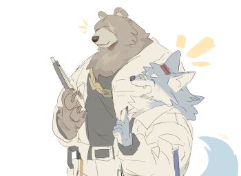 absurdres animal_ears artist_self-insert bandaid bandaid_on_face bandaid_on_nose bear_boy bear_ears belt ben_bigger black_belt black_tank_top brown_fur chain chain_necklace claws clipboard closed_eyes animal_nose fang grey_fur highres holding holding_clipboard jacket jewelry loss_kim necklace notched_ear notice_lines open_mouth original pants pawpads pointing pointing_up scar scar_across_eye scar_on_face smile tail tank_top white_background white_jacket white_pants wolf_dog wolf_ears wolf_tail zenless_zone_zero