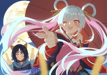 2girls :< arrow_through_heart black_choker black_hair blue_eyes blush cho_kaguya-hime! choker commentary_request finger_gun forehead_jewel full_moon hair_ribbon hair_rings long_hair long_sleeves milktea_(gggrrr2000) moon multiple_girls one_eye_closed parted_bangs pink_eyes pink_hair ribbon runami_yachiyo sakayori_iroha short_hair white_hair