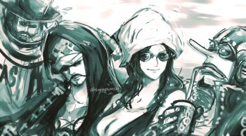 caesar_clown commentary_request drinking drinking_straw facial_hair fake_facial_hair fake_mustache goatee goggles hat highres hood hooded_coat long_nose looking_at_another monochrome nico_robin nico_robin_(dressrosa) one_piece smile sunglasses sword torapunch trafalgar_law twitter_username upper_body usopp weapon