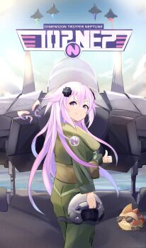1girl absurdres adult_neptune aircraft airplane baby_bug bimmy boots breasts fighter_jet flight_suit g-suit hair_between_eyes helmet highres jacket large_breasts long_hair medium_breasts military military_uniform military_vehicle neptune_(neptunia) neptune_(series) pilot_helmet plane purple_eyes purple_hair shades sky smile solo thighs thumbs_up white_background
