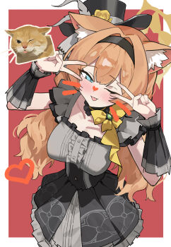 1girl ;p absurdres animal_ear_fluff animal_ears black_hairband black_hat blue_archive blue_eyes blush breasts cat cat_ears cat_girl center_frills double_v drawn_whiskers flower frills hairband halo hat heart highres idol idol_clothes kaminari_(edeath) looking_at_viewer mari_(blue_archive) mari_(idol)_(blue_archive) one_eye_closed orange_hair red_background rose simple_background smile solo tongue tongue_out top_hat v v_over_eye yellow_flower yellow_halo yellow_rose