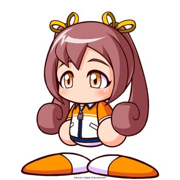 1girl artist_request brown_hair copyright_notice curled_ends hair_ribbon jacket jikkyou_powerful_pro_yakyuu jikkyou_powerful_pro_yakyuu_(style) long_hair manager multicolored_jacket no_mouth official_art orange_eyes orange_jacket otobuki_kanade rayman_limbs ribbon solo track_jacket twintails white_jacket yellow_ribbon