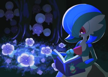 alternate_color blue_skin book budew colored_skin flower forest gardevoir gen_2_pokemon gen_3_pokemon gen_4_pokemon gen_5_pokemon glowing hair_over_one_eye highres holding holding_book hoppip jumpluff multicolored_skin nature night nintendo petilil pokemon pokemon_(creature) red_eyes shiny_pokemon skiploom smile suspineapple123 tree two-tone_skin white_skin