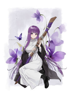 1girl absurdres animal black_boots black_robe blunt_bangs boots border breasts bug butterfly closed_mouth commentary_request dress fern_(sousou_no_frieren) floral_background flower full_body highres holding holding_staff insect large_breasts long_hair long_sleeves looking_at_viewer nadesiko97 open_clothes open_robe outside_border purple_butterfly purple_eyes purple_flower purple_hair purple_pupils robe smile solo sousou_no_frieren staff white_border white_dress