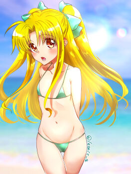 Rule 34 | 1girl, alicia testarossa, arms behind back, beach, bikini, blonde hair, blue sky, blush, breasts, cloud, cloudy sky, cowboy shot, day, flat chest, green bikini, green ribbon, groin, hair ribbon, highres, horizon, leonis g, long hair, looking at viewer, lyrical nanoha, mahou shoujo lyrical nanoha, micro bikini, navel, ocean, open mouth, outdoors, parted bangs, red eyes, ribbon, skindentation, sky, solo, standing, string bikini, swimsuit, thigh gap, twitter username, two side up