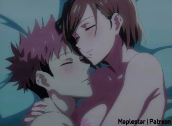 1boy 1girl absurdres blush breasts brown_hair closed_eyes highres itadori_yuuji jujutsu_kaisen kugisaki_nobara maplestar nipples nude pink_hair short_hair sleeping