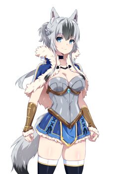 aki_(sakura_isekai_adventure) animal_ears armor armored_dress black_choker choker dress fur_jacket grey_hair inma jacket multicolored_hair official_art sakura_isekai_adventure sprite standing tail wolf_ears wolf_tail
