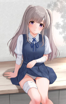 1girl bandaged_arm bandaged_leg bandages bandaid bandaid_on_face bandaid_on_forehead blue_dress blue_ribbon ca_paria clothes_lift commentary_request dress dress_lift feet_out_of_frame grey_hair highres idolmaster idolmaster_shiny_colors long_hair looking_at_viewer panties pinafore_dress purple_eyes ribbon shirt short_sleeves sitting sleeveless sleeveless_dress solo twintails underwear very_long_hair white_panties white_shirt yukoku_kiriko