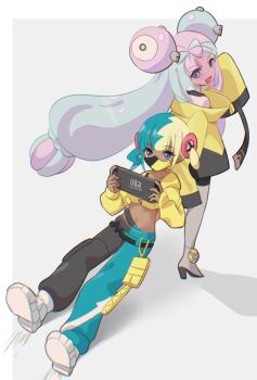 2girls aqua_hair black_mask blonde_hair blue_eyes blue_hair bow-shaped_hair breasts canari_(pokemon) character_hair_ornament dark-skinned_female dark_skin gen_1_pokemon hair_ornament handheld_game_console holding holding_handheld_game_console iono_(pokemon) jacket long_hair long_sleeves looking_at_viewer magnemite mask mizuiro123 mouth_mask multicolored_hair multiple_girls navel nintendo nintendo_switch_2 open_mouth pants pantyhose pink_hair pokemon pokemon_legends:_z-a pokemon_sv sharp_teeth shirt short_twintails single_leg_pantyhose sleeves_past_fingers sleeves_past_wrists smile split-color_hair teeth twintails two-tone_hair two-tone_mask yellow_jacket yellow_mask