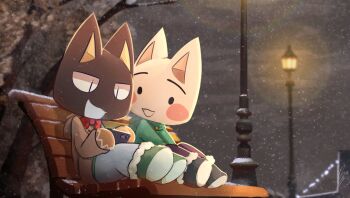 2boys animal_ears black_fur blush_stickers bow bowtie brown_hoodie cat_boy cat_ears chibikemo coat commentary doko_demo_issyo furry furry_male green_coat highres holding holding_phone hood hood_down hoodie inoue_toro kuro_(doko_demo_issyo) lamppost male_focus multiple_boys on_bench outdoors phone red_bow red_bowtie sitting snowing symbol-only_commentary tree white_fur winter_clothes wolfaroon