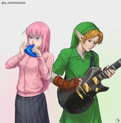 Rule 34 | 1boy, 1girl, a chestnuthead, black skirt, blonde hair, blue eyes, bocchi the rock!, breasts, cube hair ornament, fingerless gloves, gloves, gotoh hitori, green hat, guitar, hair between eyes, hair ornament, hat, highres, holding, holding instrument, instrument, jacket, link, long hair, long sleeves, nintendo, open mouth, pink hair, pink jacket, pointy ears, short hair, skirt, the legend of zelda
