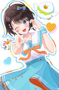 aqua_skirt bow bowtie brown_hair frilled_sailor_collar frilled_shirt_collar frills gold_buttons hair_ornament hairclip half-heart_hands happy heart high-waist_skirt hololive looking_at_viewer multicolored_eyes murasakijirushi official_alternate_costume oozora_subaru oozora_subaru_(9th_costume) open_mouth orange_bow orange_bowtie sailor_collar sailor_shirt shirt shirt_tucked_in short_hair skirt smile subatomo_(big) subatomo_(small) virtual_youtuber white_sailor_collar wrist_cuffs