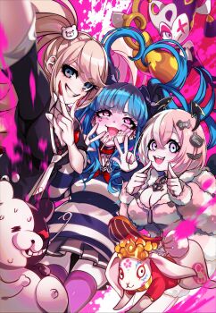 Rule 34 | 3girls, absurdres, amemiya darumi, anchor necklace, bear, bear hair ornament, black bow, black hair, black roots, black shirt, black skirt, blonde hair, blue eyes, blue hair, bow, breasts, choker, cleavage, commentary request, creator connection, crossover, danganronpa: trigger happy havoc, danganronpa (series), drooling, enoshima junko, facial mark, fake horns, fur-trimmed jacket, fur trim, grin, hair bow, hair ornament, heart, heart-shaped hair, heart-shaped pupils, heart facial mark, highres, horns, jacket, jewelry, kyokugen dasshutsu, large breasts, long hair, looking at viewer, miniskirt, monokuma, multicolored eyes, multicolored hair, multiple crossover, multiple girls, nail polish, necklace, necktie, noa fukune, nota sayaka, pielope, pink eyes, pink hair, pink thighhighs, pointing, pointing at self, purple eyes, rabbit, red bow, red choker, red nails, roots (hair), safety pin, shirt, shuten order, skirt, smile, striped clothes, striped shirt, sweat, symbol-shaped pupils, the hundred line -last defense academy-, thighhighs, twintails, two-tone eyes, two-tone hair, v, v over mouth, w, white hair, white necktie, world's end club, zero escape: toki no dilemma, zero iii