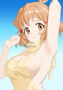 1girl arm_behind_head armpits blue_background blush breasts brown_eyes brown_hair cleavage_cutout closed_mouth clothing_cutout commentary_request gradient_background hand_up highres large_breasts looking_at_viewer philip98267134 senki_zesshou_symphogear short_hair sideboob sideless_outfit sideless_sweater smile solo sweater tachibana_hibiki_(symphogear) upper_body virgin_killer_sweater yellow_sweater