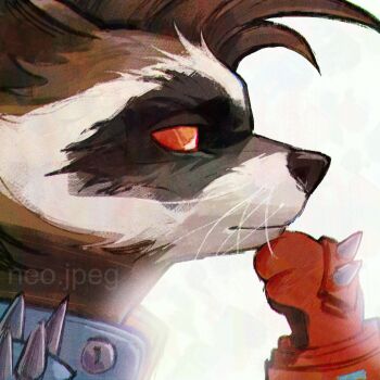1boy absurdres artist_name closed_mouth colored_sclera commentary english_commentary from_side furry furry_male gloves guardians_of_the_galaxy hand_on_own_chin highres male_focus marvel marvel marvel_rivals neo_jpeg profile raccoon_boy red_eyes red_gloves red_sclera rocket_raccoon upper_body whiskers white_background