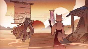 1boy 1girl absurdres animal_ears architecture astruma2 cloud cloudy_sky commentary dock earrings east_asian_architecture english_commentary faceless faceless_female faceless_male fox_ears fox_girl fox_tail friends from_behind genshin_impact hand_up highres japanese_clothes jewelry kitsune_saiguu long_sleeves miko orange_background orange_sky outdoors sailing_ship ship short_hair sky smoke smoke_trail standing sun sunset tail water watercraft waving white_hair wide_sleeves