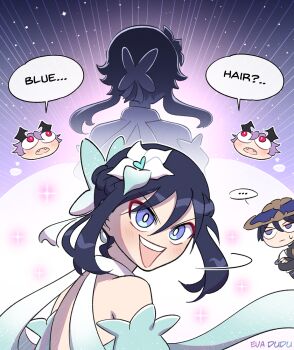 Rule 34 | ..., 2boys, aqua flower, aqua sleeves, armpit crease, artist name, bare shoulders, belt, black belt, black bodysuit, black hair, blue hat, blush, bodysuit, braid, bright pupils, butterfly hair ornament, cosplay, crossed arms, detached sleeves, disembodied head, durin (genshin impact), english text, eva dudu, eyeliner, eyeshadow, fangs, flower, frown, genderswap, genderswap (mtf), genshin impact, gold, gold ring, hair between eyes, hair flower, hair ornament, half up braid, hand on own arm, hat, jingasa, looking at another, looking up, lumine (genshin impact), lumine (genshin impact) (cosplay), makeup, mandarin collar, middle ring, multicolored flower, multiple boys, open mouth, purple eyes, purple hair, red eyeliner, red eyes, red eyeshadow, scaramouche (genshin impact), scarf, short hair, short hair with long locks, short sleeves, shoulder peek, sidelocks, speech bubble, spoken ellipsis, teeth, turning around, upper teeth only, wanderer (genshin impact), white flower, white pupils, white scarf, white sleeves, wispy bangs