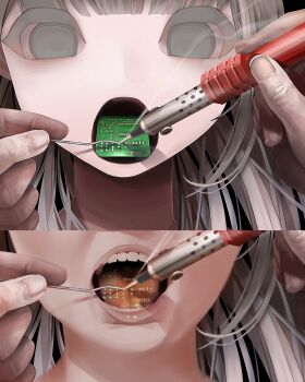 1girl 1other absurdres blunt_bangs body_horror empty_eyes expressionless grey_eyes grey_hair highres holding lips long_hair microchip multiple_views open_mouth original pink_lips portrait smoke soldering soldering_iron surreal teeth test_norma1 tongue