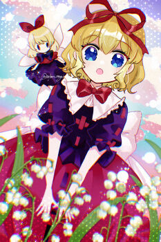 Rule 34 | 2girls, :o, back bow, black shirt, blonde hair, blue eyes, bow, bowtie, bubble skirt, cloud, commentary request, day, fairy, fairy wings, flower, frilled shirt collar, frills, hair ribbon, highres, katsuragi atori, large bow, light blush, lily of the valley, looking at viewer, loose hair strand, medicine melancholy, multiple girls, open mouth, outdoors, puffy short sleeves, puffy sleeves, red bow, red bowtie, red ribbon, red skirt, ribbon, ribbon-trimmed shirt, ribbon-trimmed skirt, ribbon-trimmed sleeves, ribbon trim, shirt, short hair, short sleeves, skirt, sky, sparkle, su-san, touhou, v arms, white bow, white flower, wings