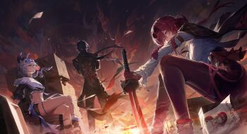 1boy 2girls arm_belt backlighting badge black_hair black_jacket black_pants black_shorts blade_(honkai:_star_rail) blowing_bubble_gum blowing_bubbles boots box breasts button_badge chewing_gum cloud cloudy_sky crop_top cropped_jacket crossed_arms crossed_bangs crossed_legs drill_hair drill_ponytail eyewear_on_head fishnet_socks fishnets fur-trimmed_jacket fur_trim gloves goggles goggles_on_head gradient-tinted_eyewear grey_eyes grey_hair hair_between_eyes hair_ribbon hand_on_own_arm head_tilt high-waist_shorts high_ponytail highres holding holding_own_arm holding_sword holding_weapon honkai:_star_rail honkai_(series) jacket kafka_(honkai:_star_rail) knees_up long_sleeves looking_afar looking_at_viewer medium_breasts medium_hair midriff multiple_girls navel nunsori off_shoulder on_box outstretched_arm pants pantyhose pantyhose_under_shorts partially_unzipped ponytail poster_(object) purple-tinted_eyewear purple_eyes purple_gloves purple_hair purple_pantyhose red_sky ribbon round_eyewear shirt shorts side_slit side_slit_shorts sidelocks silver_wolf_(honkai:_star_rail) single-shoulder_shirt single_drill single_thigh_boot sitting sitting_on_box sky small_breasts socks spider_web_print standing stomach sunlight sword thigh_boots tinted_eyewear wanted_poster weapon white_shirt wind