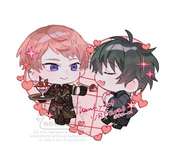 Rule 34 | 2boys, black gloves, black hair, black pants, black shoes, chibi, closed eyes, closed mouth, commentary request, ear piercing, ensemble stars!, facing another, fang, feeding, flower, food, full body, glass, gloves, hands up, heart, highres, holding, holding spoon, holding tray, itsuki shu, kagehira mika, lapels, long sleeves, looking at another, male focus, multiple boys, notched lapels, official alternate costume, open mouth, outstretched arm, pants, perfect sundae (ensemble stars!), piercing, pink hair, purple eyes, rose, shoelaces, shoes, short bangs, short hair, shou (k92 el), skin fang, smile, sparkle, spoon, standing, sweets, tray, valkyrie (ensemble stars!), watermark, white background, yaoi