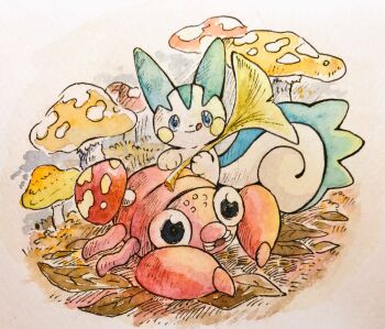 animal_focus autumn_leaves black_eyes blue_eyes commentary_request full_body gen_1_pokemon gen_4_pokemon ginkgo_leaf highres leaf licking_lips mint_nappa mushroom nintendo no_humans open_mouth pachirisu painting_(medium) paras pokemon pokemon_(creature) simple_background tongue tongue_out traditional_media watercolor_(medium) white_background