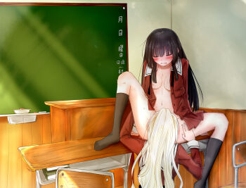 2girls black_hair black_socks blonde_hair blush board_eraser bottomless chair chalk chalkboard chinese_commentary classroom commentary_request cunnilingus desk dress hand_on_another&#039;s_thigh highres indoors kirishima_shizuku kneehighs long_hair multiple_girls open_clothes open_dress oral parted_lips ponytail red_dress sahara1109 sailor_collar sailor_dress saliva school_chair school_desk shitogi_eris sitting socks sono_hanabira_ni_kuchizuke_wo spread_legs sweat translation_request white_sailor_collar yuri